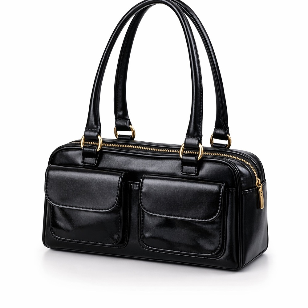 Black Shoulder Bag Gold Hardware Faux Leather Top Handle satchel purse w/Pockets